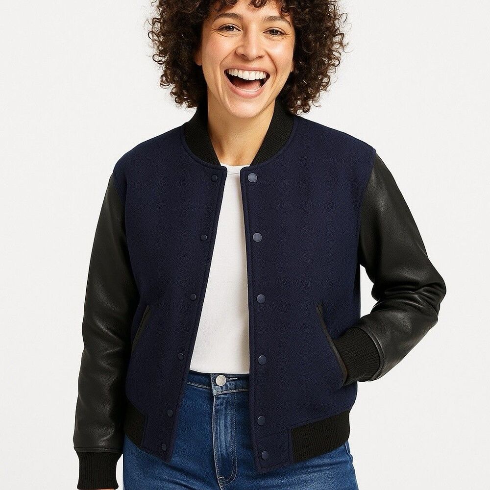 TNA Aritzia Wool & Leather Varsity Jacket – Women’s Size Small – Navy Blue